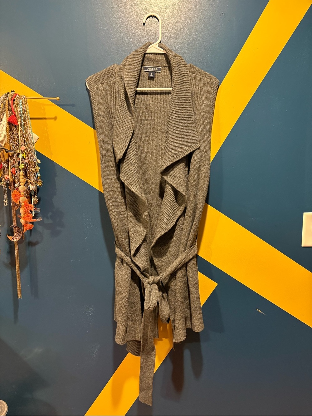 Lands' End Gray Long Line Tie Front Sweater Vest NWOT
